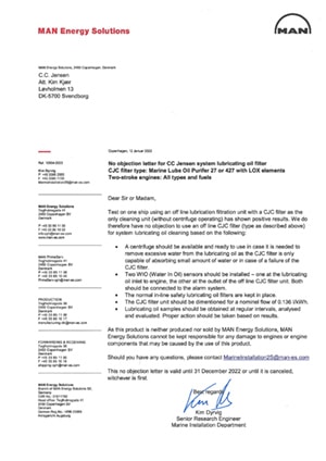 man no objection letter for cjc lube oil filter for 2-stroke diesel engines