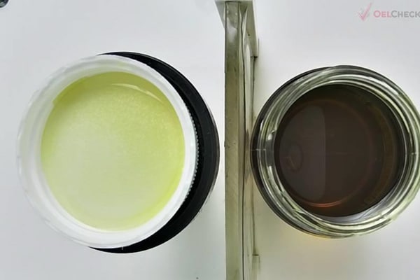 Oil sample of the gear oil 3 weeks after installation of the CJC® Thruster Filter gear oil maintenance, thruster, oil sample with cjc thruster filter for oil care